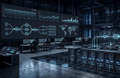 Visualization of cloud infrastructure, operations, monitoring, and scalable software architecture for companies