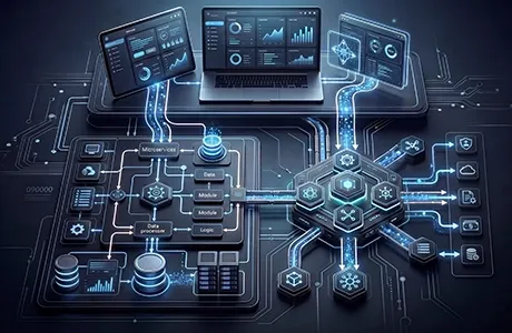 Visualization of frontend, backend, and integrations with interfaces, data flows, and technical consistency