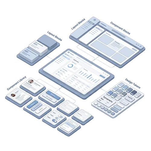 Visualisierung eines Design-Systems mit React-Komponentenbibliothek, Tokens und konsistenter UI-Struktur