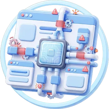 3D illustration of existing software with bottlenecks, rigid modules, and technical constraints in the system architecture