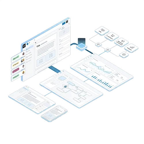 Isometric illustration of a content and business application with CMS, business logic, and connected digital modules