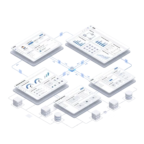Isometric illustration of connected business systems with CRM, CMS, and API integrations for stable data flows