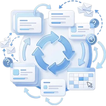 3D illustration of manual processes with tasks, approvals, email chains, and repetitive work steps