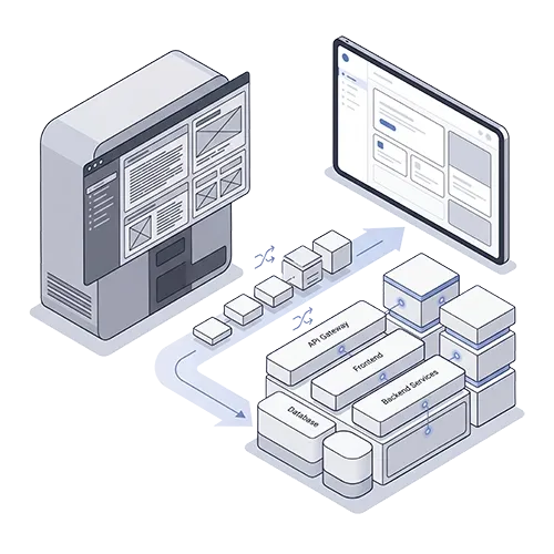 Isometric illustration of software modernization with migration path, modular architecture, and renewed system components