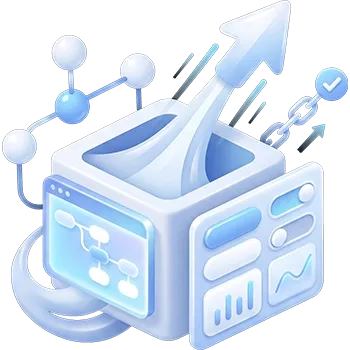 3D illustration of a digital offering with portal, platform modules, and faster rollout of new features