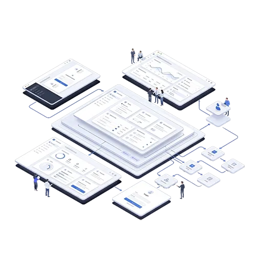 Isometric illustration of a digital platform with customer portal, self-service area, and connected user roles