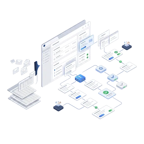 Isometric illustration of process automation with internal tools, digital workflows, and a central operations dashboard