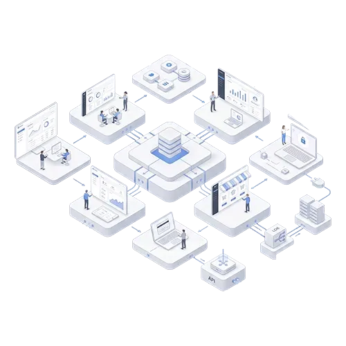 Isometric illustration of scalable web software with modular platform architecture, connected services, and digital applications