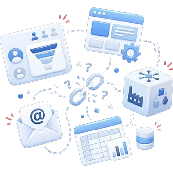 3D illustration of disconnected business systems with CRM, CMS, email, and spreadsheets without a clear data flow
