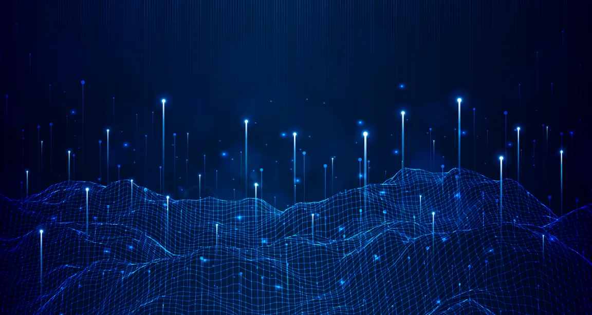 Software Entwicklung Illustration – Netzwerkstruktur mit Datenströmen, die in den Himmel steigen