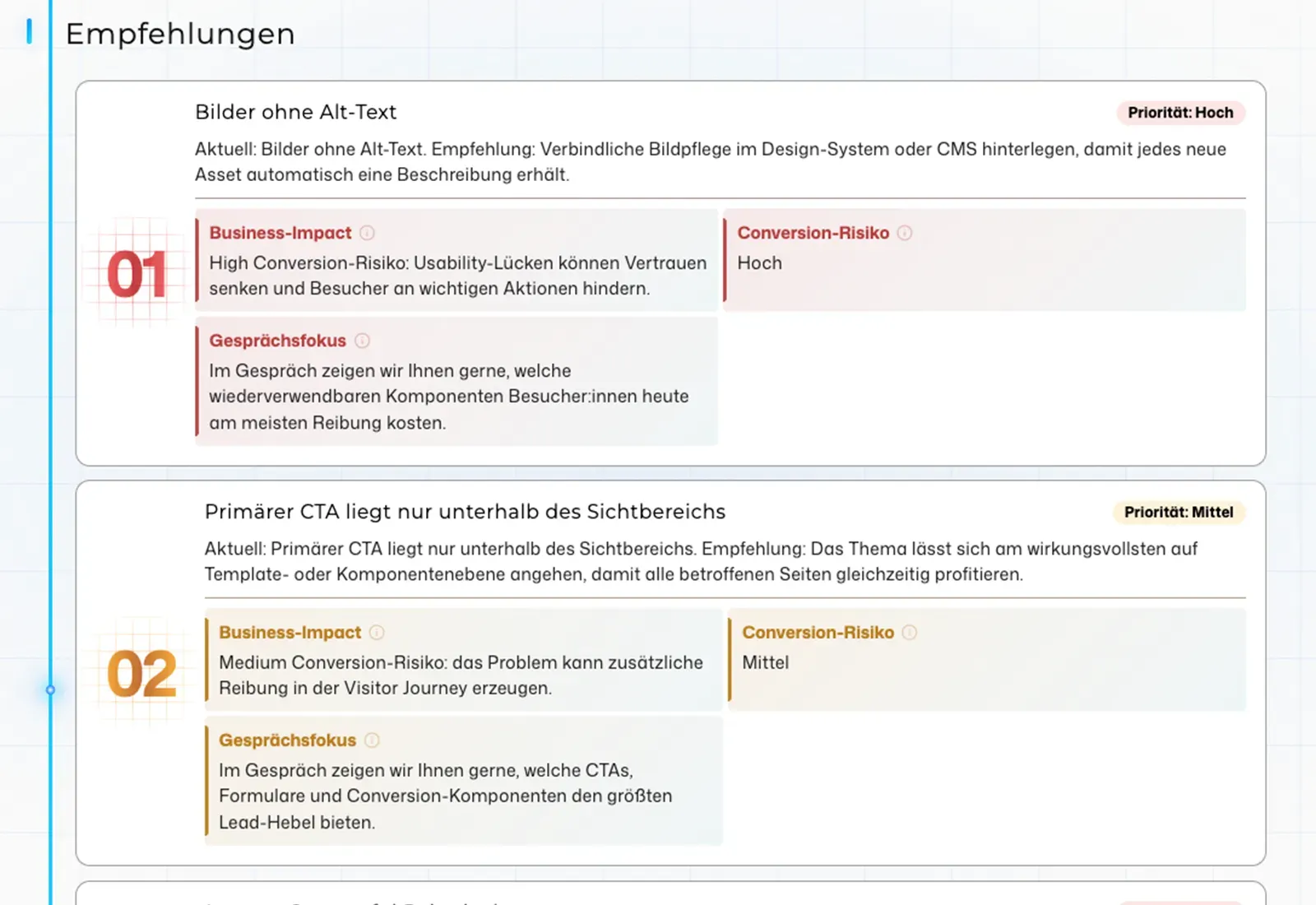 Vorschau der Empfehlungen im Website Audit mit konkreten nächsten Schritten für SEO, Performance, Conversion und technische Optimierung