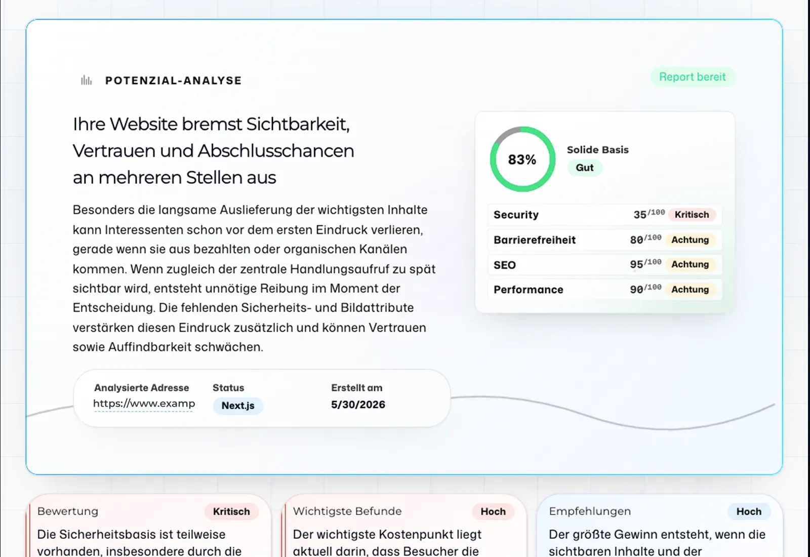 Vorschau der Bewertungsübersicht im KI Website Audit mit Scores für SEO, Performance, Conversion, Sicherheit und technische Qualität
