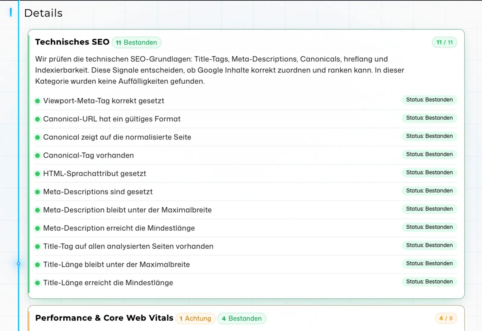 Vorschau der technischen Details im Website Audit mit geprüften SEO-, Performance-, Security- und Tracking-Signalen